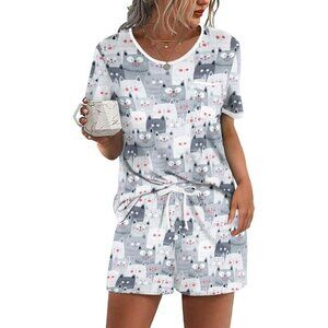 Women White 2 Piece Lounge Set Short Sleeve Tops and Shorts Soft Sleepwear,